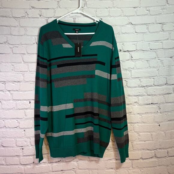 NWT Men’s Green Grey Black Striped Men's V-neck Sweater Size XXL Y0488 - Picture 1 of 8